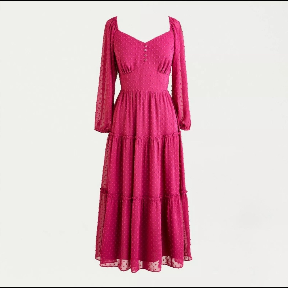 J Crew Tiered long-sleeve midi dress in swiss dot, Dark Berry, NWT 14
